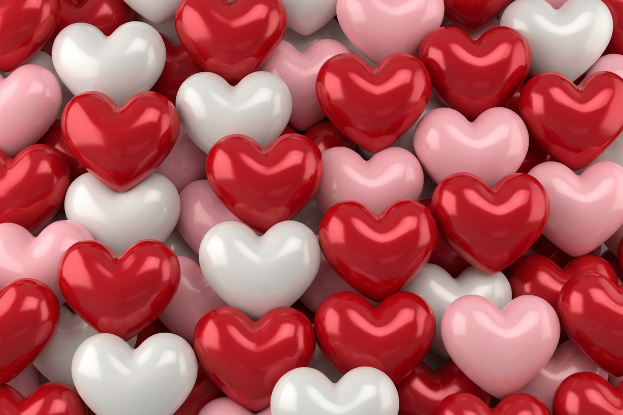 Shiny Red pink and white hearts in 3d, sharp image. Background for a website landscape voew